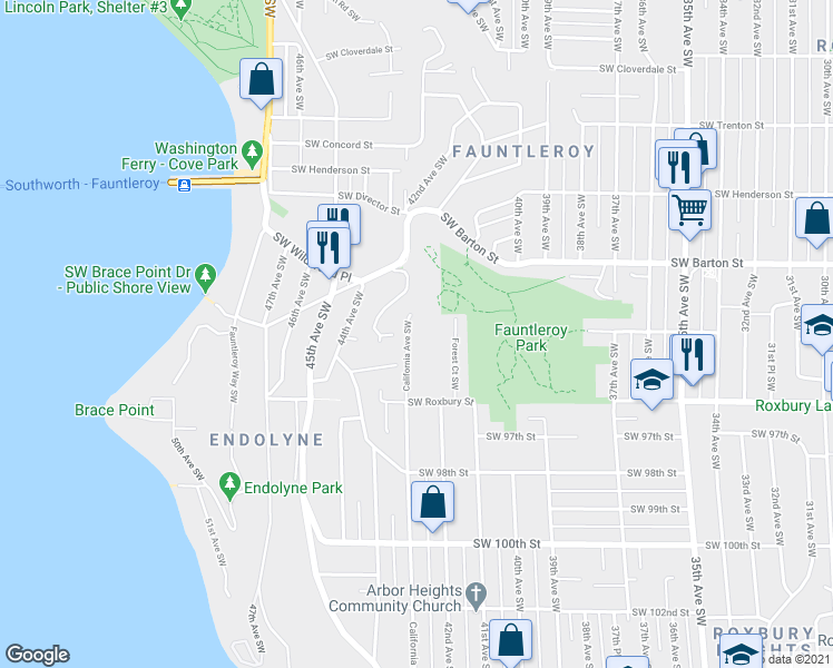 map of restaurants, bars, coffee shops, grocery stores, and more near 9336 California Avenue Southwest in Seattle