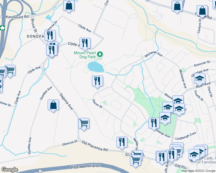 map of restaurants, bars, coffee shops, grocery stores, and more near 1 Rideau Place in Mount Pearl