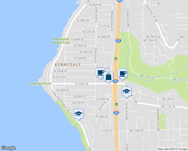 map of restaurants, bars, coffee shops, grocery stores, and more near 3103 Park Avenue North in Renton