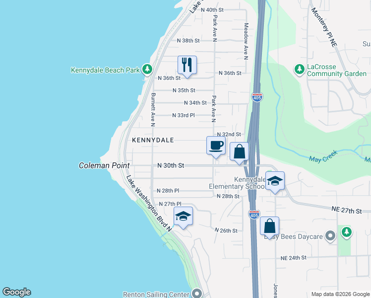 map of restaurants, bars, coffee shops, grocery stores, and more near 1100 North 31st Street in Renton