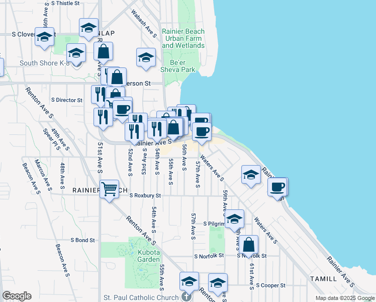 map of restaurants, bars, coffee shops, grocery stores, and more near 9481 Rainier Avenue South in Seattle