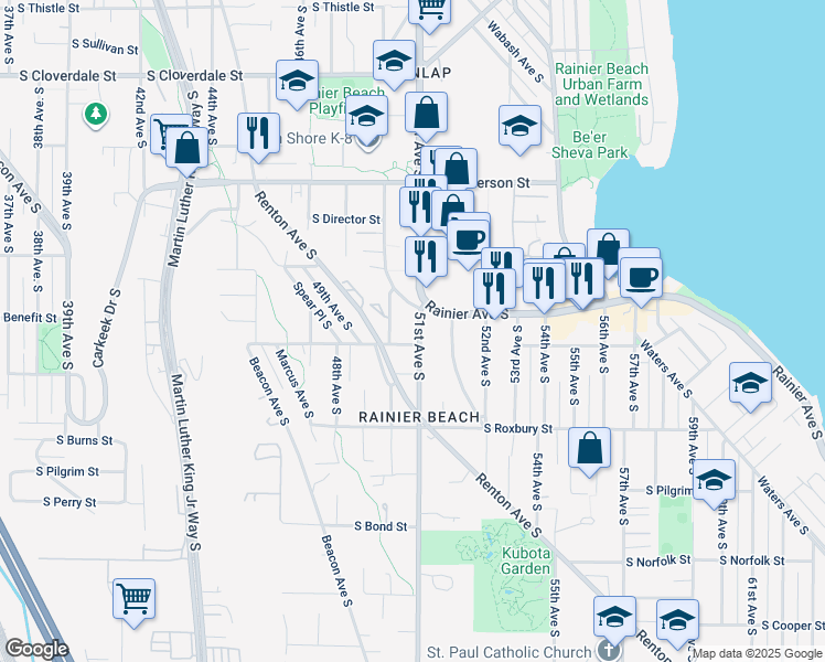 map of restaurants, bars, coffee shops, grocery stores, and more near 5063 South Barton Place in Seattle