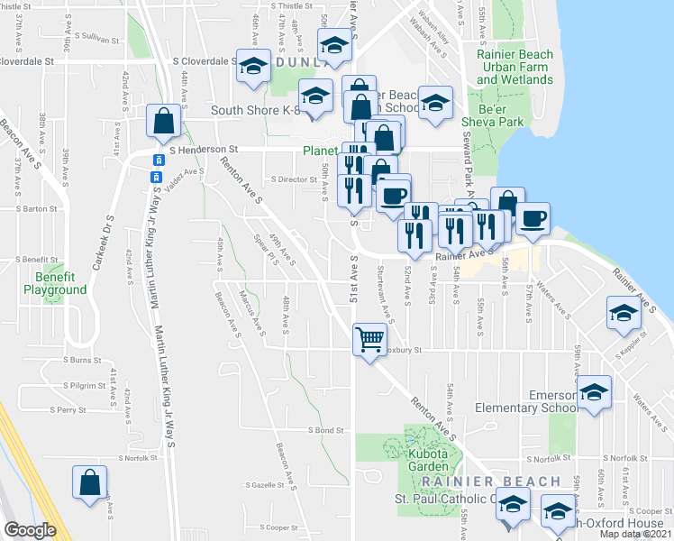map of restaurants, bars, coffee shops, grocery stores, and more near 9266 50th Avenue South in Seattle