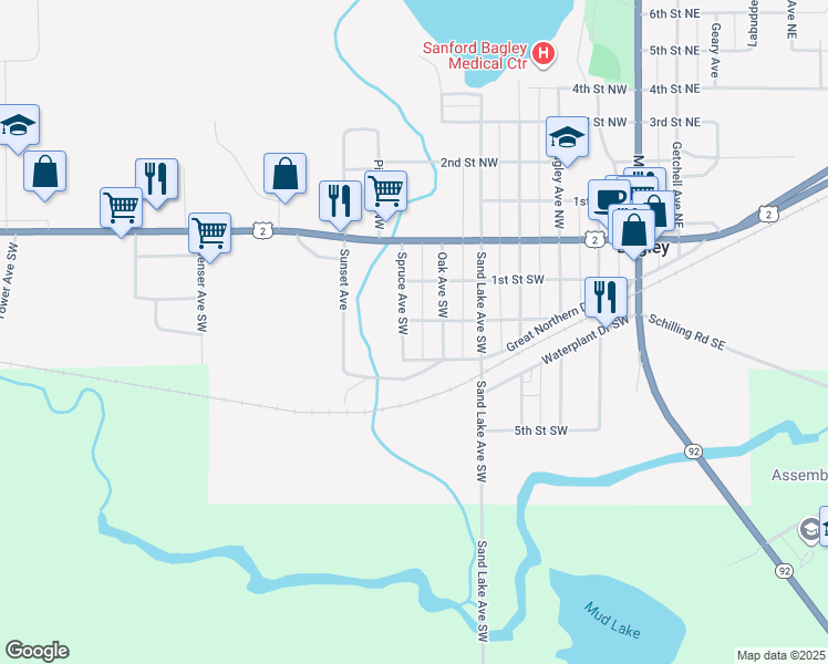 map of restaurants, bars, coffee shops, grocery stores, and more near 122 Spruce Avenue Southwest in Bagley