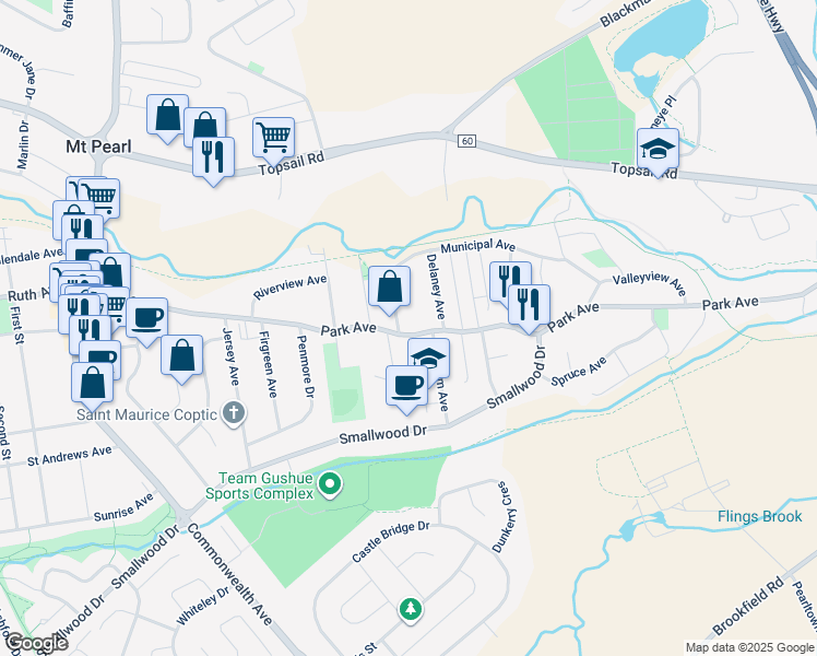 map of restaurants, bars, coffee shops, grocery stores, and more near 138 Park Avenue in Mount Pearl
