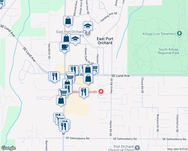 map of restaurants, bars, coffee shops, grocery stores, and more near 3312 Valentine Lane Southeast in Port Orchard
