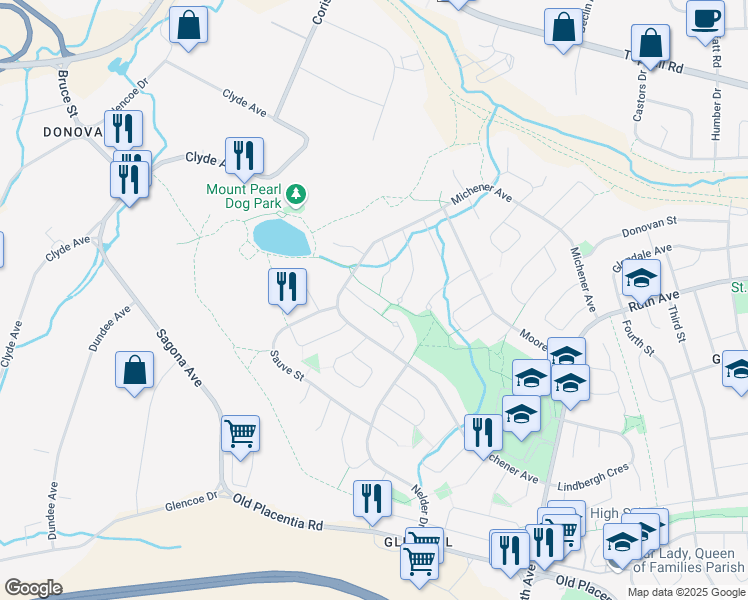 map of restaurants, bars, coffee shops, grocery stores, and more near 13 Paddon Place in Mount Pearl