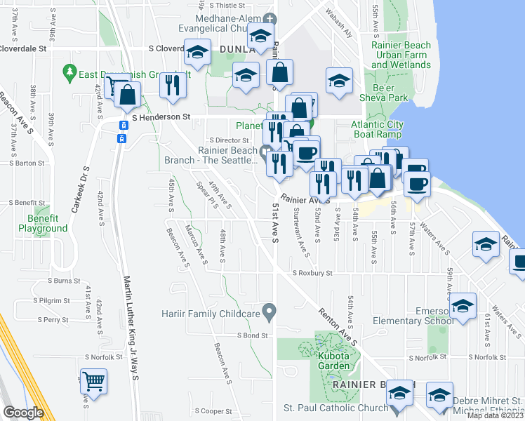 map of restaurants, bars, coffee shops, grocery stores, and more near 9280 50th Avenue South in Seattle