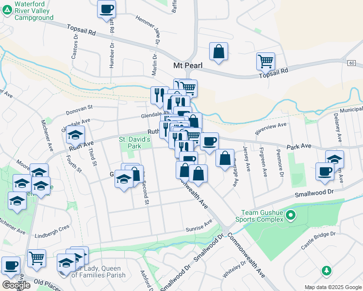 map of restaurants, bars, coffee shops, grocery stores, and more near 19 Commonwealth Avenue in Mount Pearl