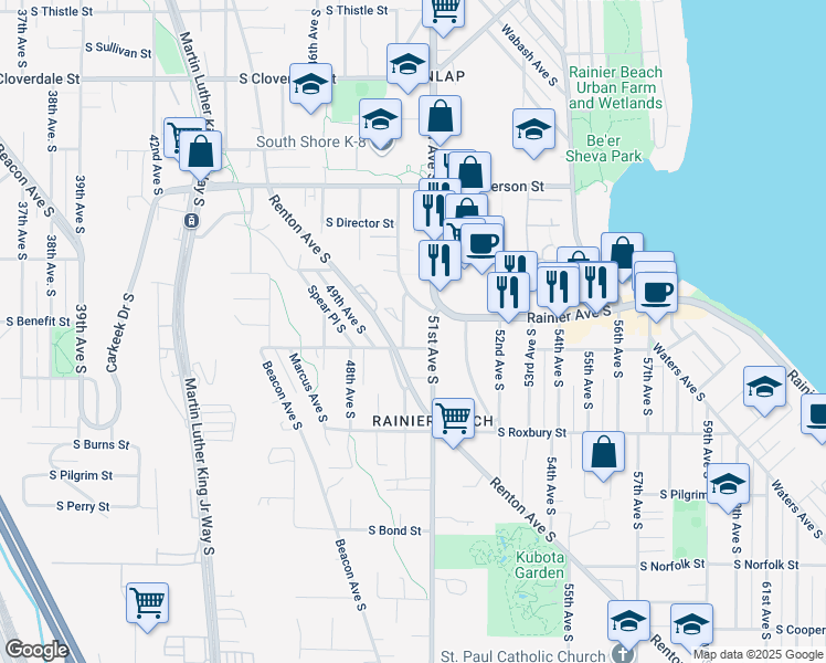 map of restaurants, bars, coffee shops, grocery stores, and more near 9278 50th Avenue South in Seattle