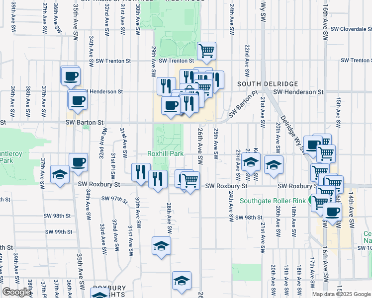 map of restaurants, bars, coffee shops, grocery stores, and more near 2615 Southwest Barton Street in Seattle