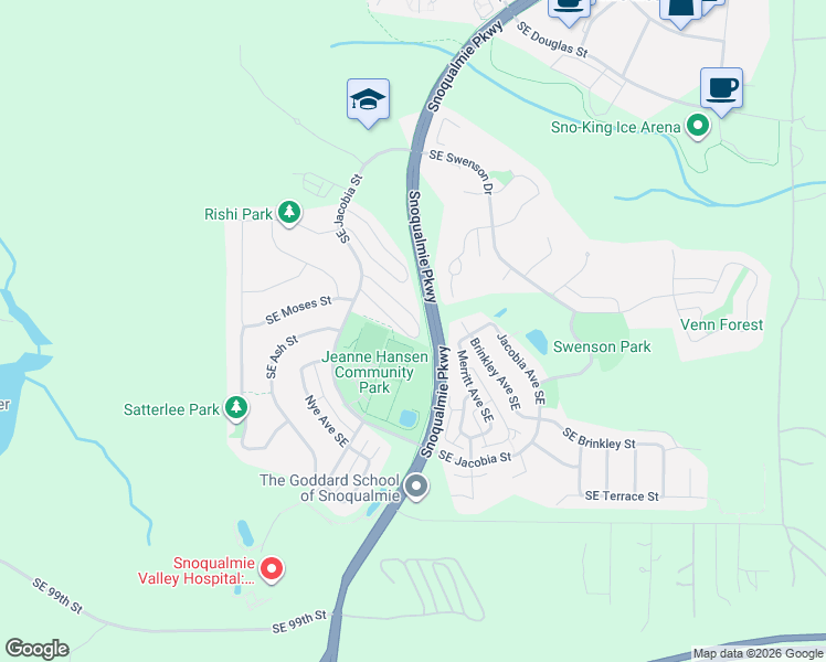 map of restaurants, bars, coffee shops, grocery stores, and more near 34512 Southeast Hall Street in Snoqualmie