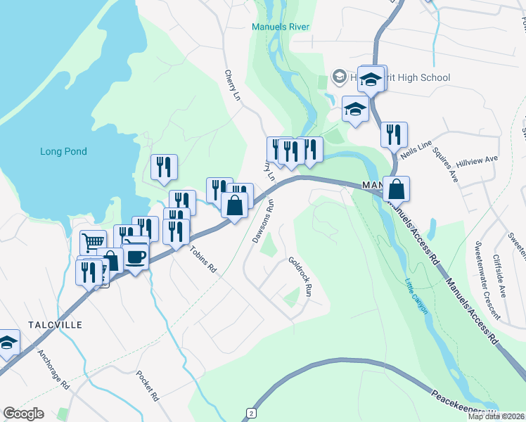map of restaurants, bars, coffee shops, grocery stores, and more near 8 Dawsons Run in Conception Bay South