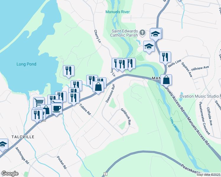 map of restaurants, bars, coffee shops, grocery stores, and more near 8 Dawsons Run in Conception Bay South