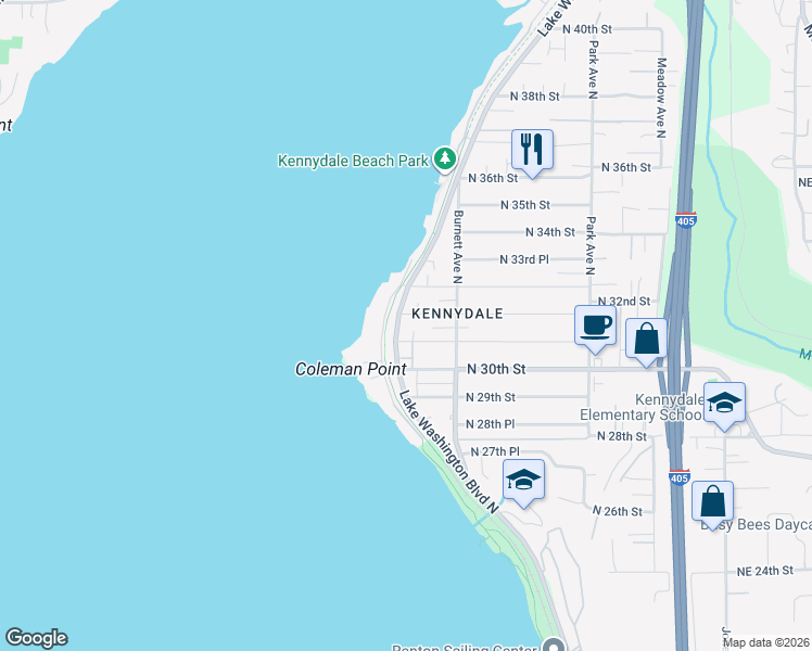 map of restaurants, bars, coffee shops, grocery stores, and more near 3224 Lake Washington Boulevard North in Renton