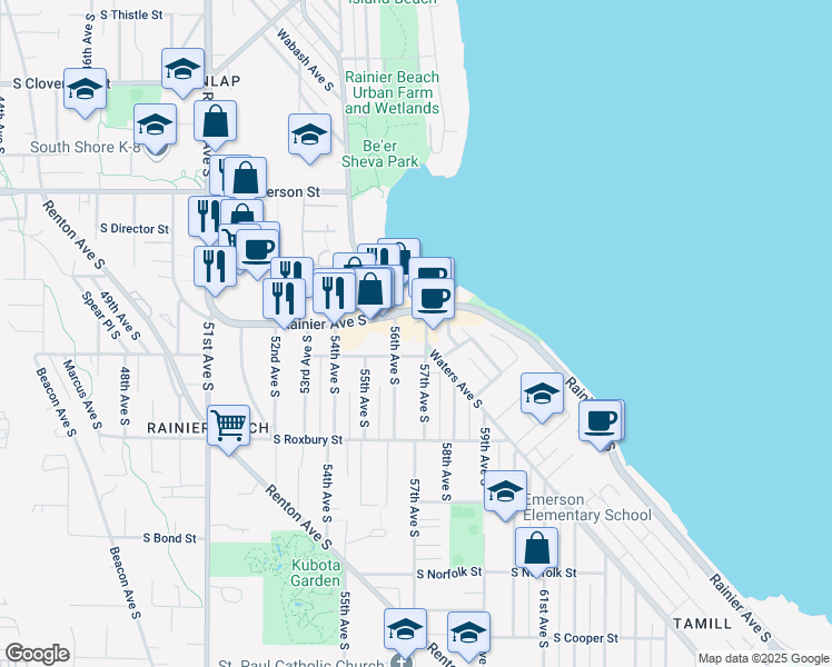 map of restaurants, bars, coffee shops, grocery stores, and more near 9481 Rainier Avenue South in Seattle