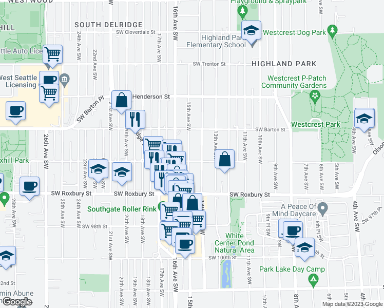 map of restaurants, bars, coffee shops, grocery stores, and more near 9232 15th Avenue Southwest in Seattle