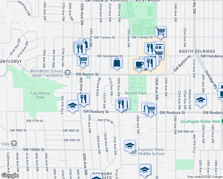 map of restaurants, bars, coffee shops, grocery stores, and more near 9247 31st Place Southwest in Seattle