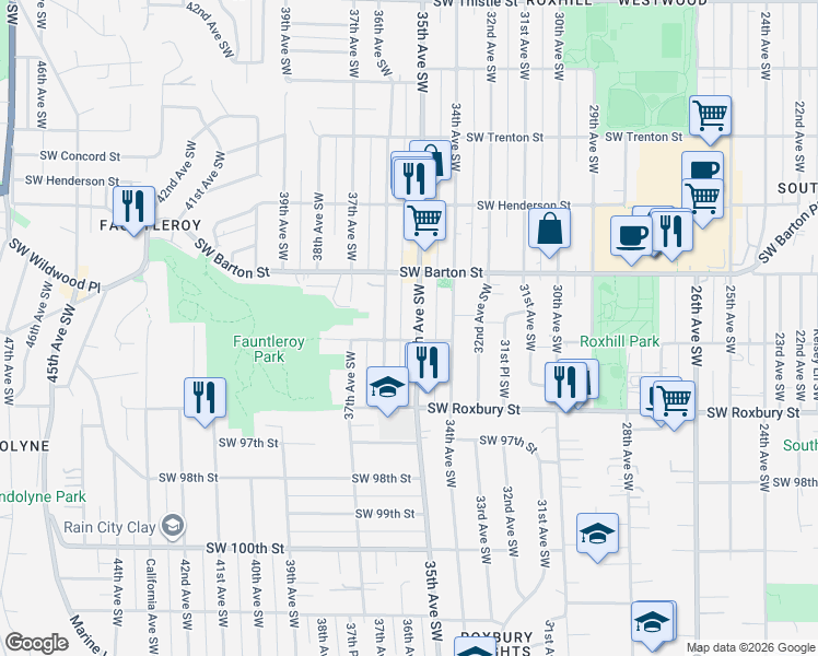 map of restaurants, bars, coffee shops, grocery stores, and more near 9239 35th Avenue Southwest in Seattle