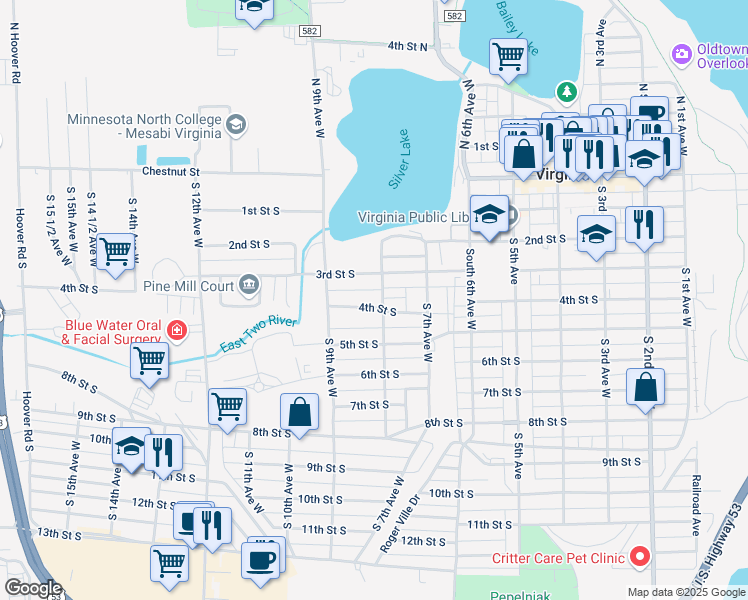 map of restaurants, bars, coffee shops, grocery stores, and more near 732 3rd Street South in Virginia