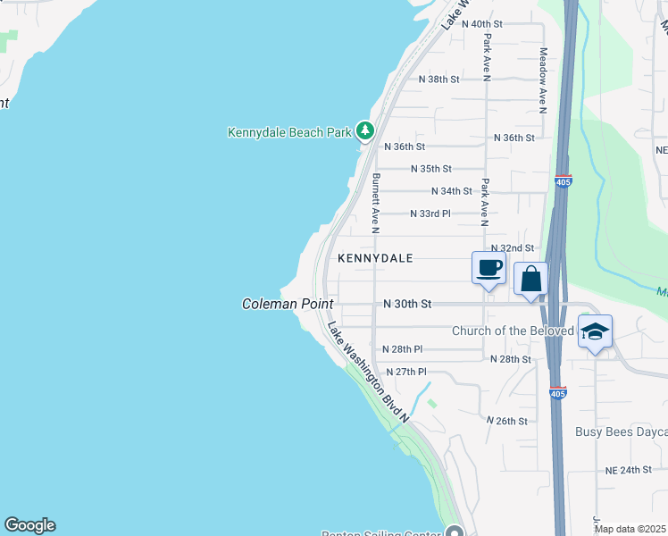 map of restaurants, bars, coffee shops, grocery stores, and more near 3224 Lake Washington Boulevard North in Renton