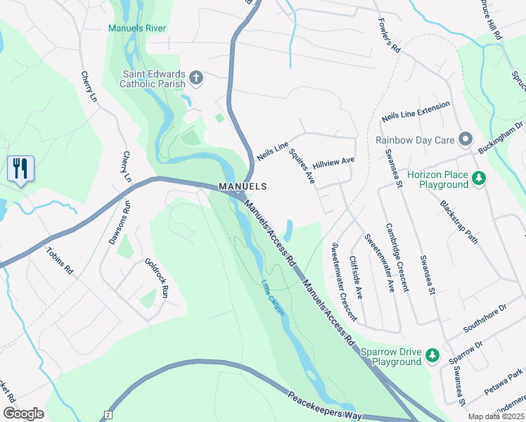 map of restaurants, bars, coffee shops, grocery stores, and more near 13 Access Place in Conception Bay South