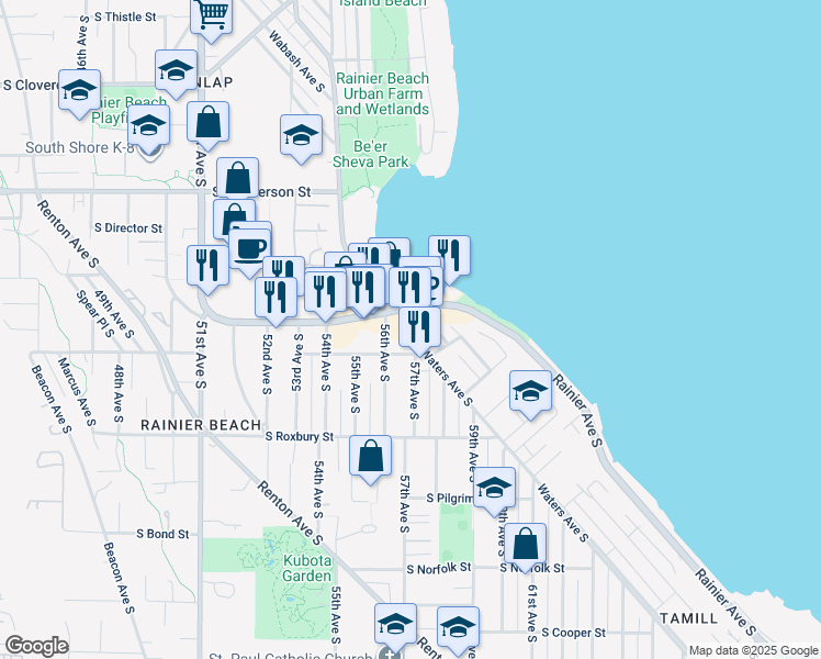 map of restaurants, bars, coffee shops, grocery stores, and more near 9481 Rainier Avenue South in Seattle