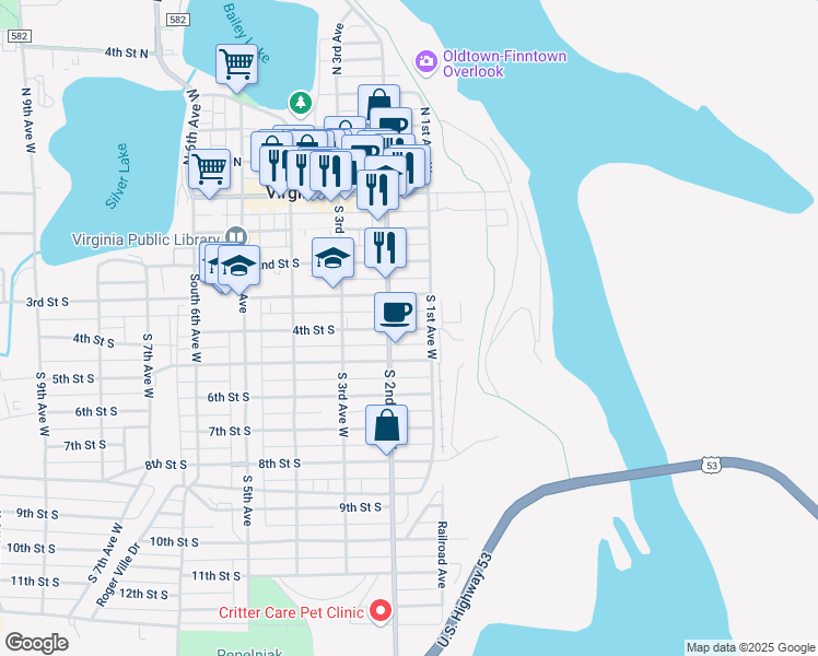 map of restaurants, bars, coffee shops, grocery stores, and more near 115 4th Street South in Virginia