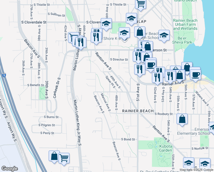 map of restaurants, bars, coffee shops, grocery stores, and more near 9261 46th Avenue South in Seattle