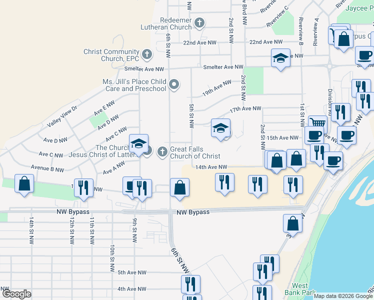 map of restaurants, bars, coffee shops, grocery stores, and more near 1508 16th Avenue Northwest in Great Falls