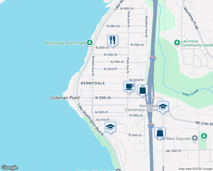 map of restaurants, bars, coffee shops, grocery stores, and more near 1016 North 32nd Street in Renton