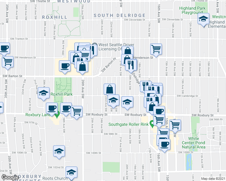 map of restaurants, bars, coffee shops, grocery stores, and more near 9235 21st Avenue Southwest in Seattle