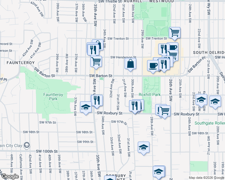 map of restaurants, bars, coffee shops, grocery stores, and more near 9237 32nd Avenue Southwest in Seattle