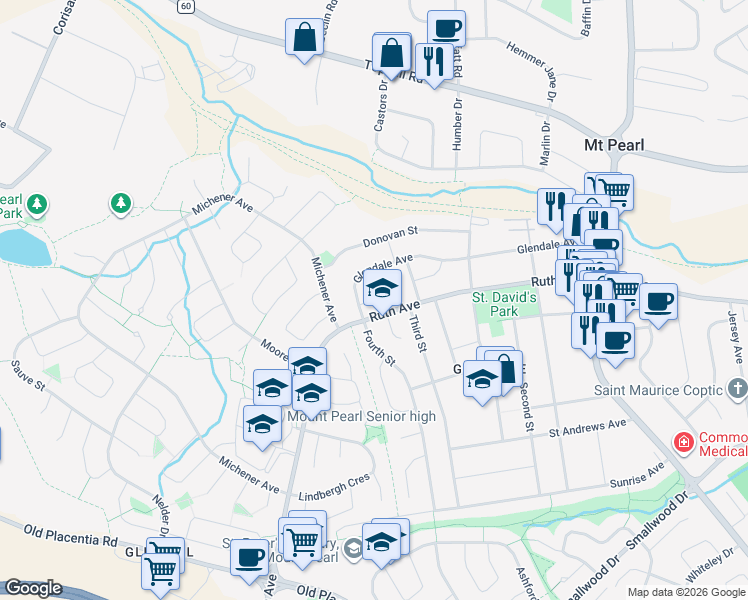 map of restaurants, bars, coffee shops, grocery stores, and more near Bradley Place in Mount Pearl