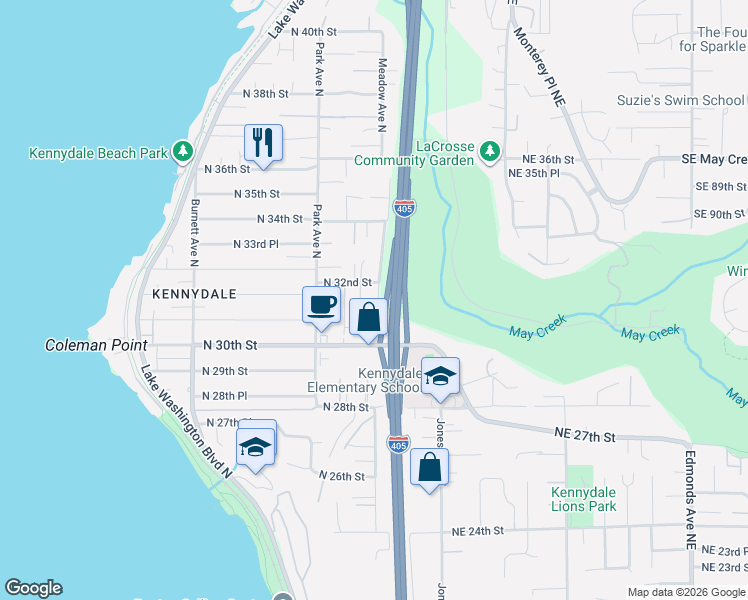 map of restaurants, bars, coffee shops, grocery stores, and more near 1415 North 32nd Street in Renton