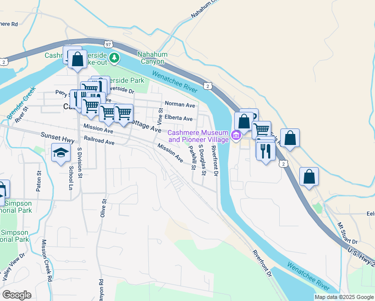 map of restaurants, bars, coffee shops, grocery stores, and more near 107 Parkhill Street in Cashmere