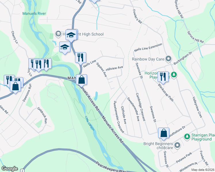 map of restaurants, bars, coffee shops, grocery stores, and more near 40 Squires Avenue in Conception Bay South