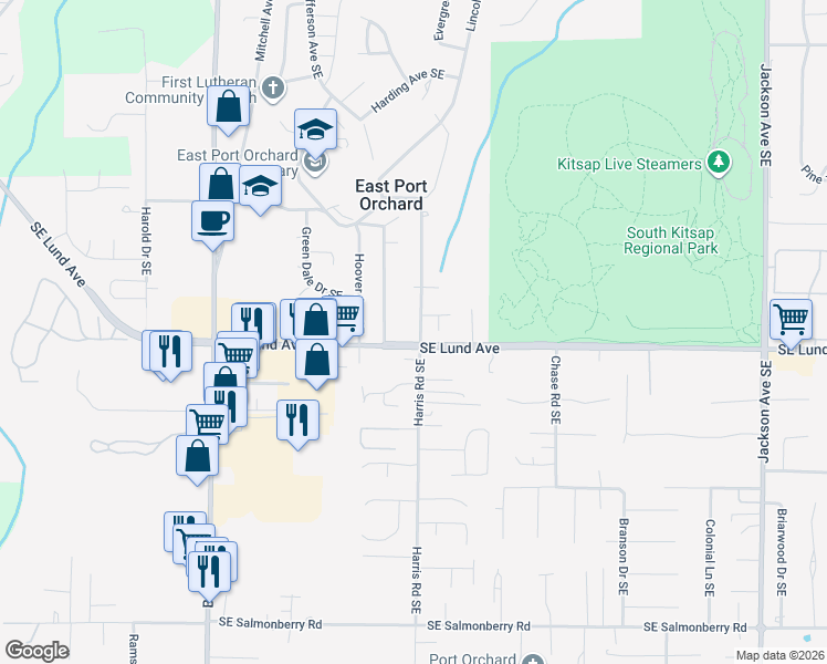 map of restaurants, bars, coffee shops, grocery stores, and more near 3190 Harris Road Southeast in Port Orchard