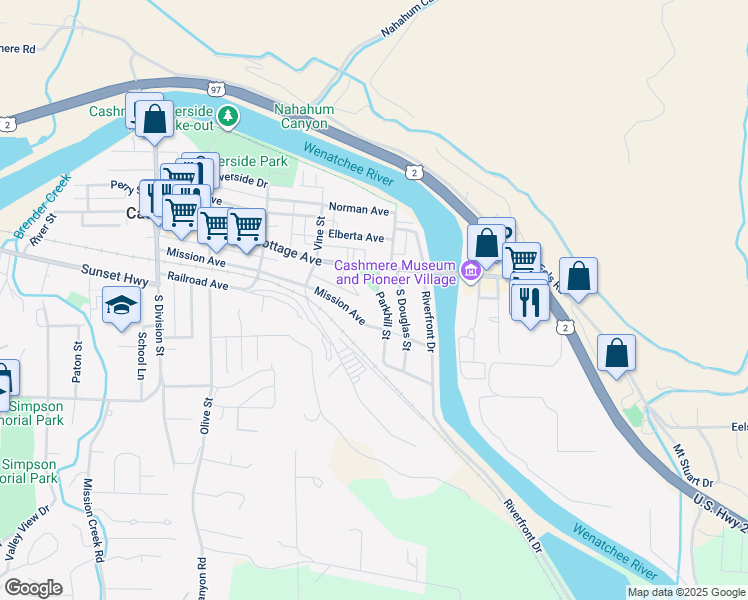 map of restaurants, bars, coffee shops, grocery stores, and more near 107 Parkhill Street in Cashmere