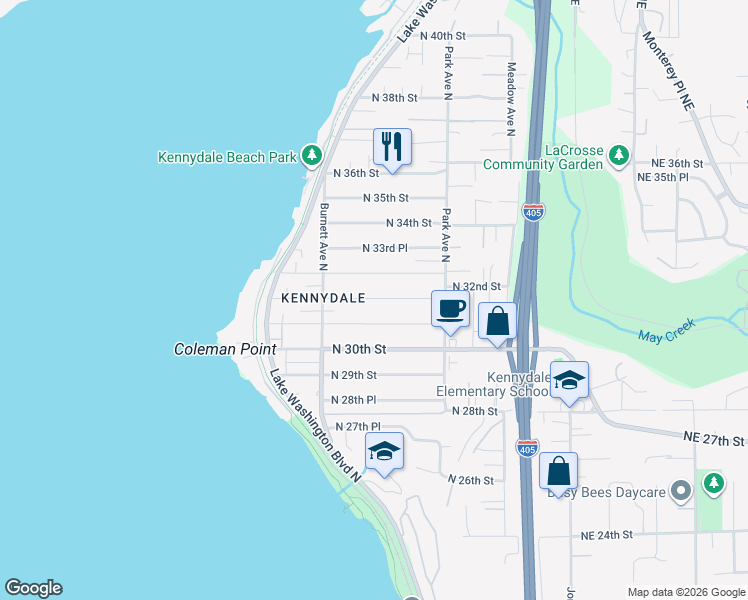 map of restaurants, bars, coffee shops, grocery stores, and more near 1016 North 32nd Street in Renton