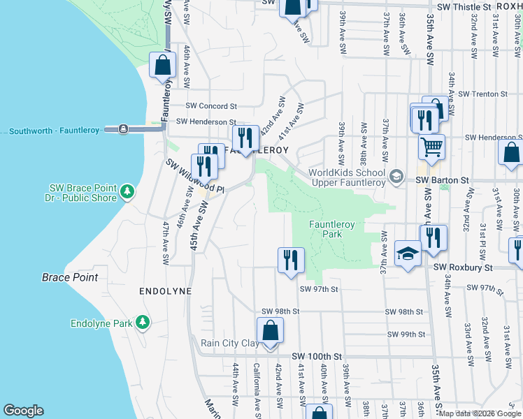 map of restaurants, bars, coffee shops, grocery stores, and more near 9310 California Avenue Southwest in Seattle