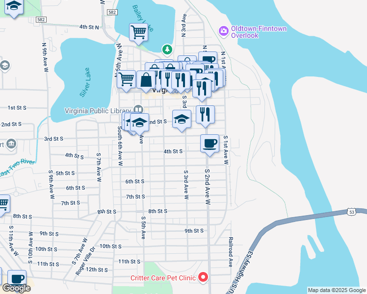map of restaurants, bars, coffee shops, grocery stores, and more near 301 3rd Street South in Virginia