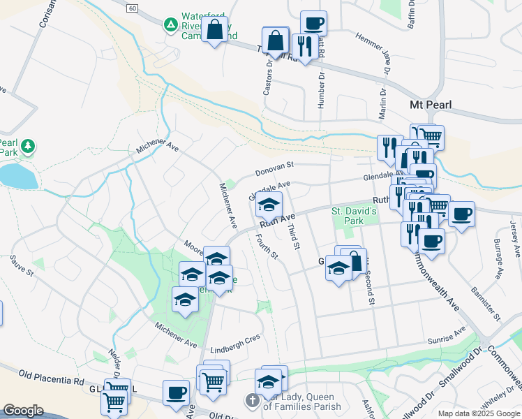 map of restaurants, bars, coffee shops, grocery stores, and more near 15 Bradley Place in Mount Pearl