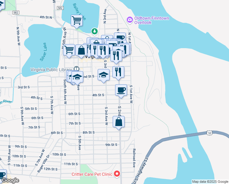map of restaurants, bars, coffee shops, grocery stores, and more near 211 4th Street South in Virginia