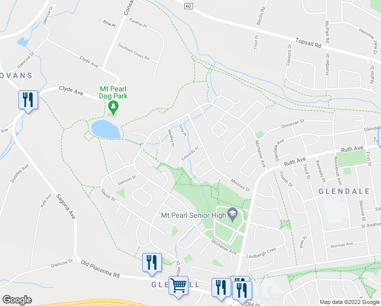 map of restaurants, bars, coffee shops, grocery stores, and more near Edwards Place in Mount Pearl