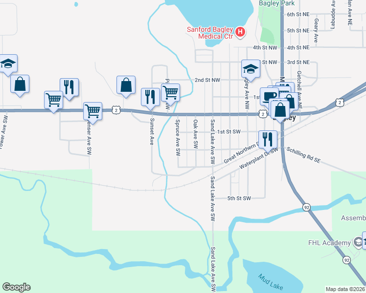 map of restaurants, bars, coffee shops, grocery stores, and more near 122 Spruce Avenue Southwest in Bagley