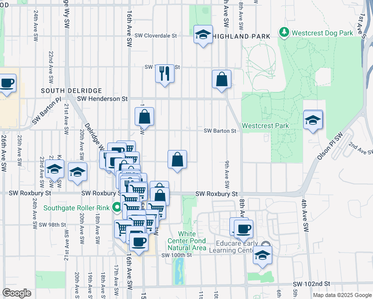 map of restaurants, bars, coffee shops, grocery stores, and more near 9236 12th Avenue Southwest in Seattle