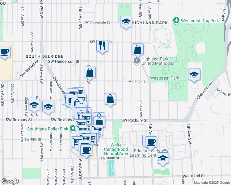 map of restaurants, bars, coffee shops, grocery stores, and more near 9236 12th Avenue Southwest in Seattle