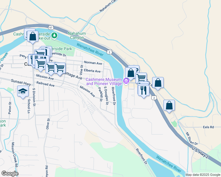 map of restaurants, bars, coffee shops, grocery stores, and more near 123 Riverfront Drive in Cashmere