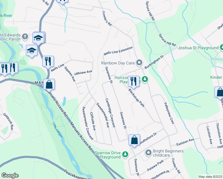 map of restaurants, bars, coffee shops, grocery stores, and more near 54 Swansea Street in Conception Bay South
